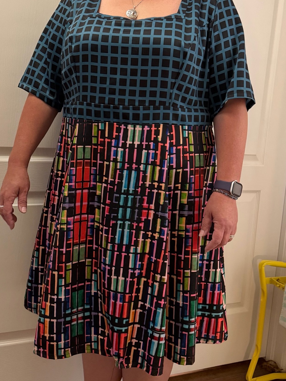 Blue Grid Bodice Midi Dress with Multi-Color Patterned Skirt